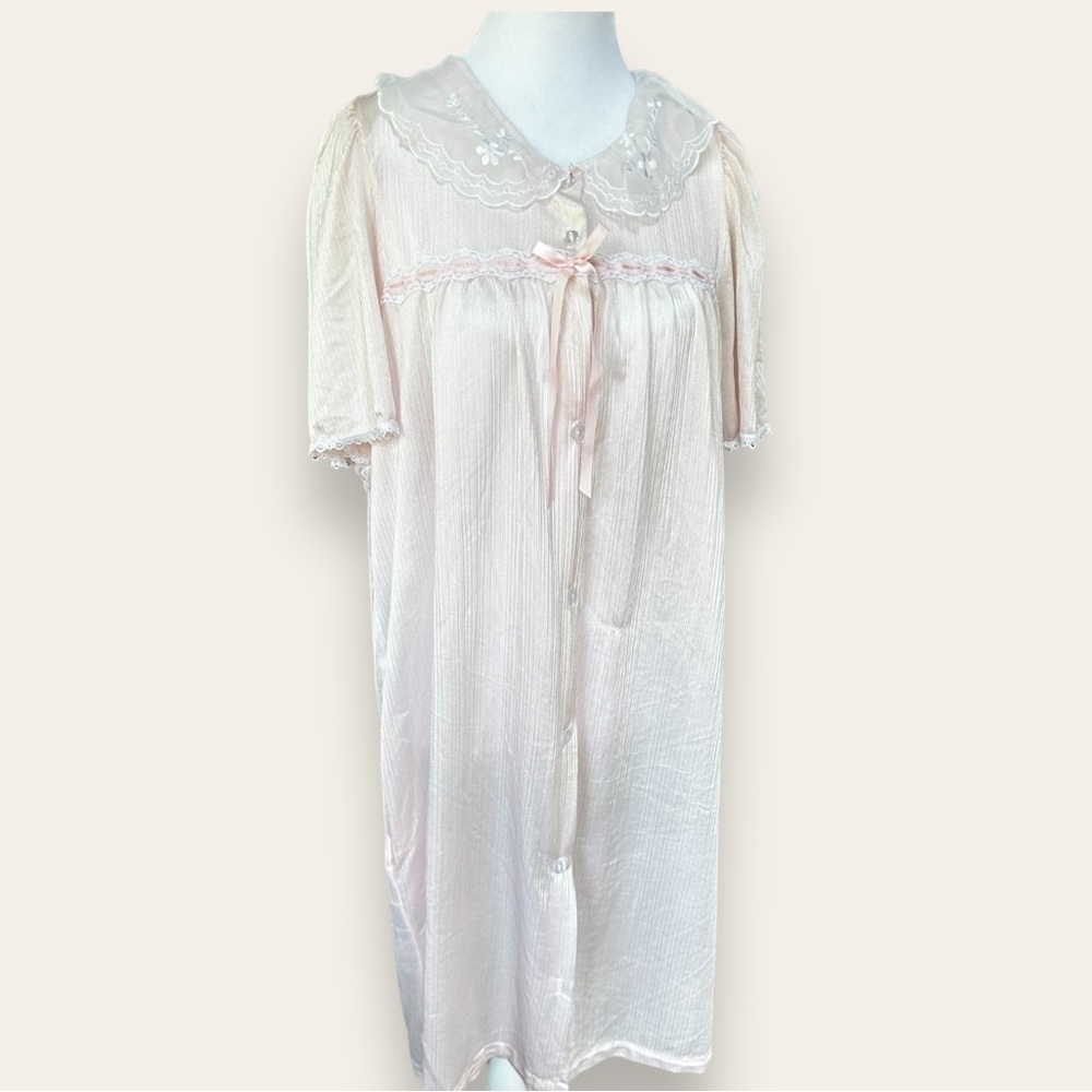 Vintage 1980’s dainty lace collar long night gown blush pink size XL 3/4 sleeve - Picture 5 of 9